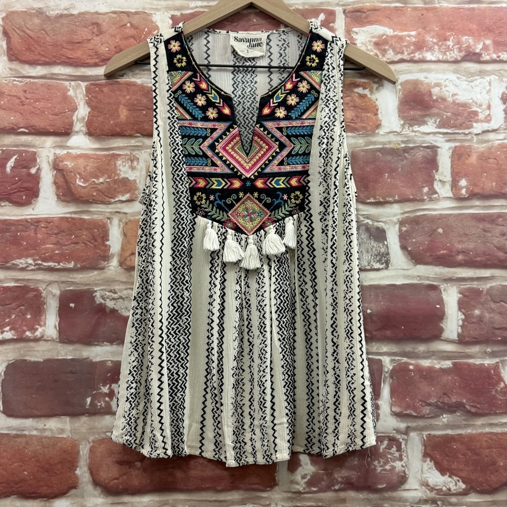 Anthropologie Savanna Jane Top Women's Small Multicolor Boho Embroidered Shirt
